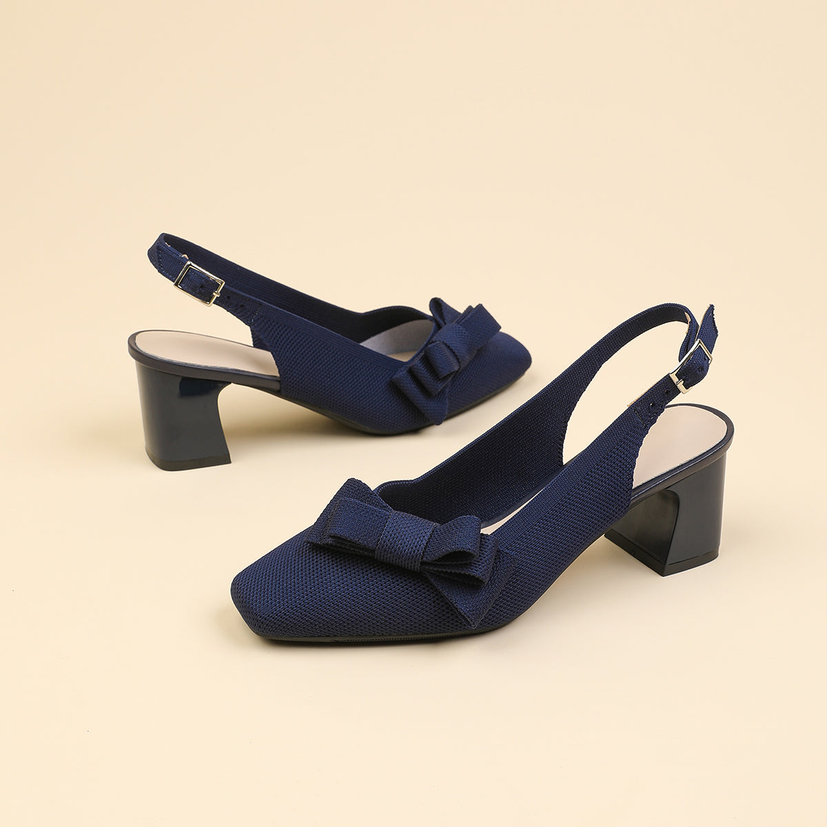 スクエアトゥ 蝶結び付き 太ヒール サンダル レディース