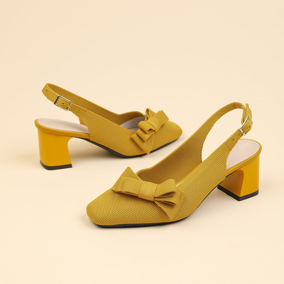 スクエアトゥ 蝶結び付き 太ヒール サンダル レディース