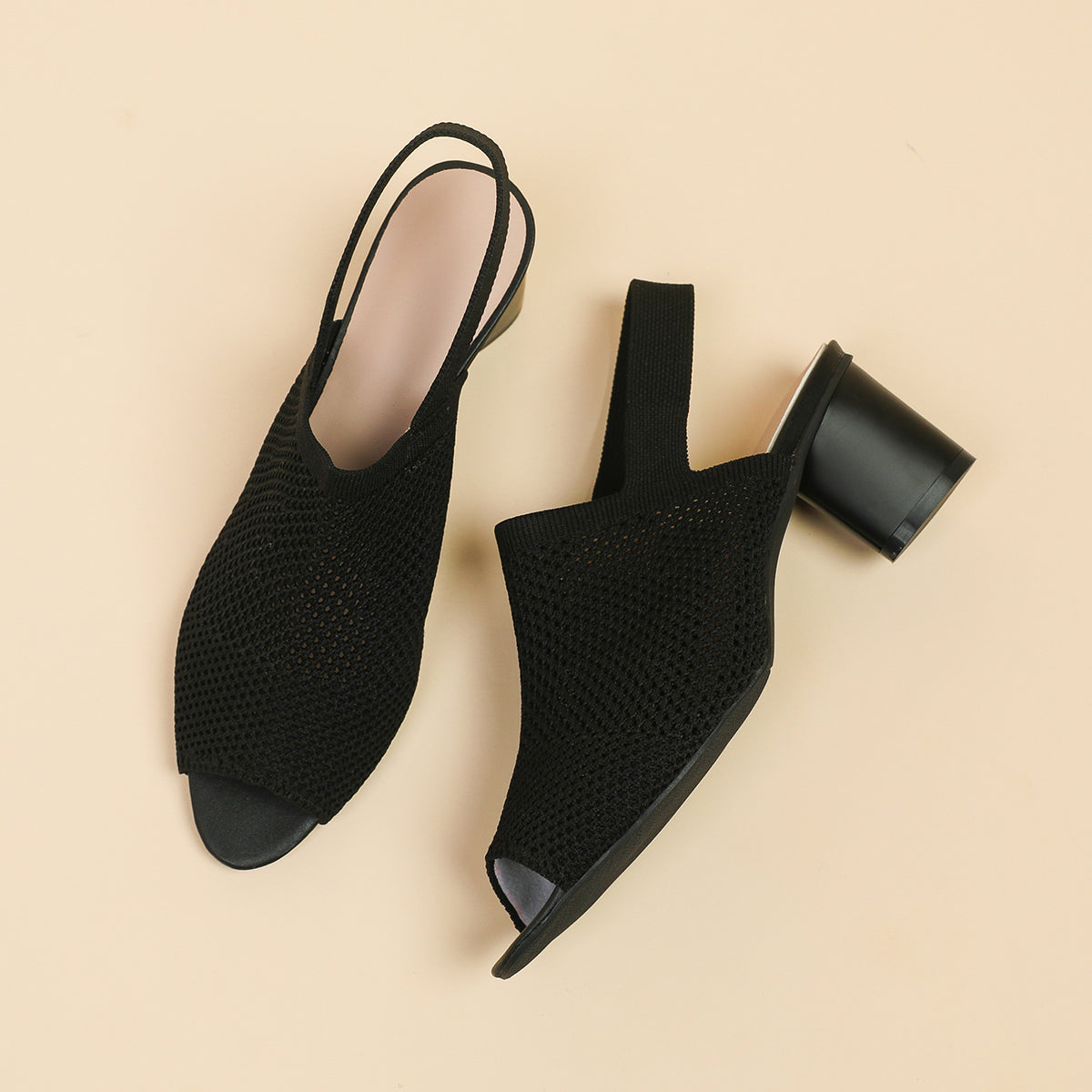 オープントゥ メッシュ チャンキーヒール サンダル