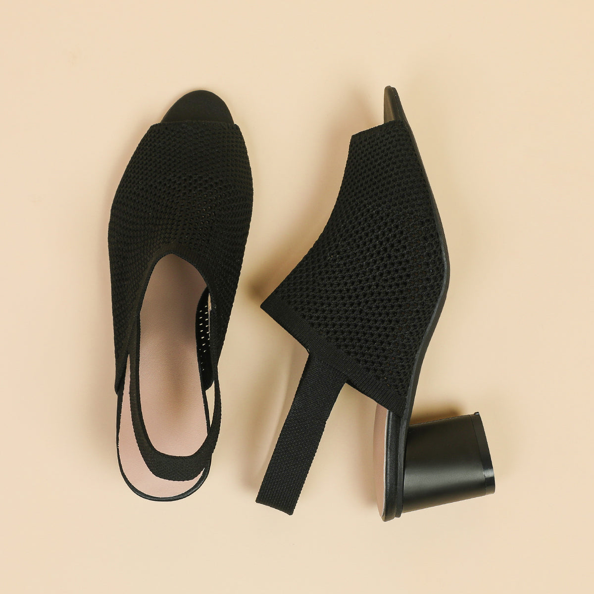 オープントゥ メッシュ チャンキーヒール サンダル