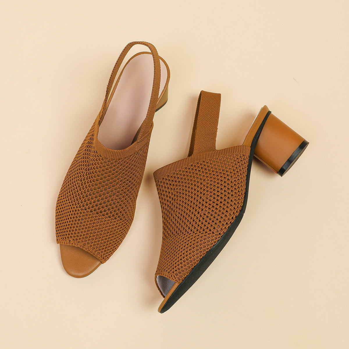 オープントゥ メッシュ チャンキーヒール サンダル