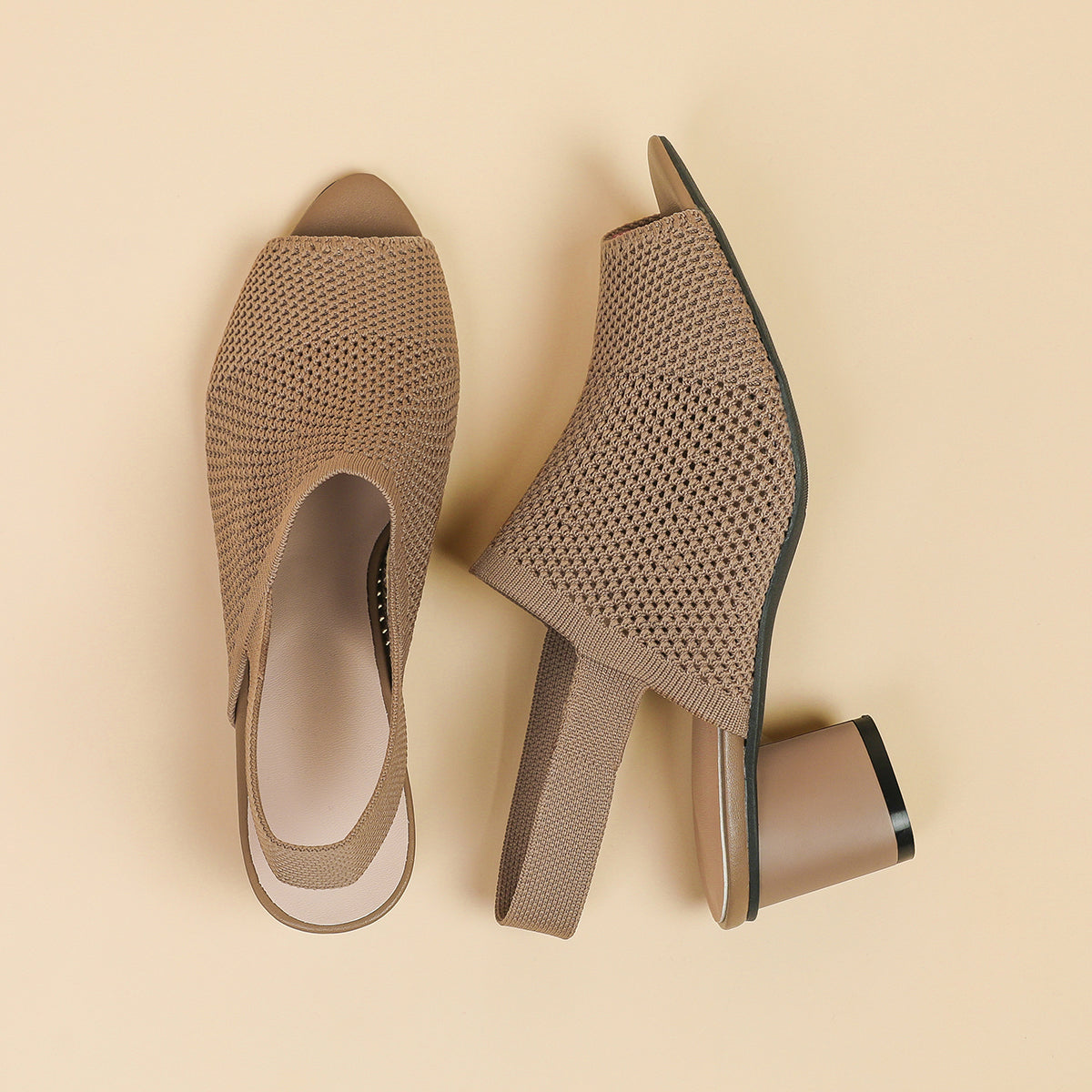 オープントゥ メッシュ チャンキーヒール サンダル