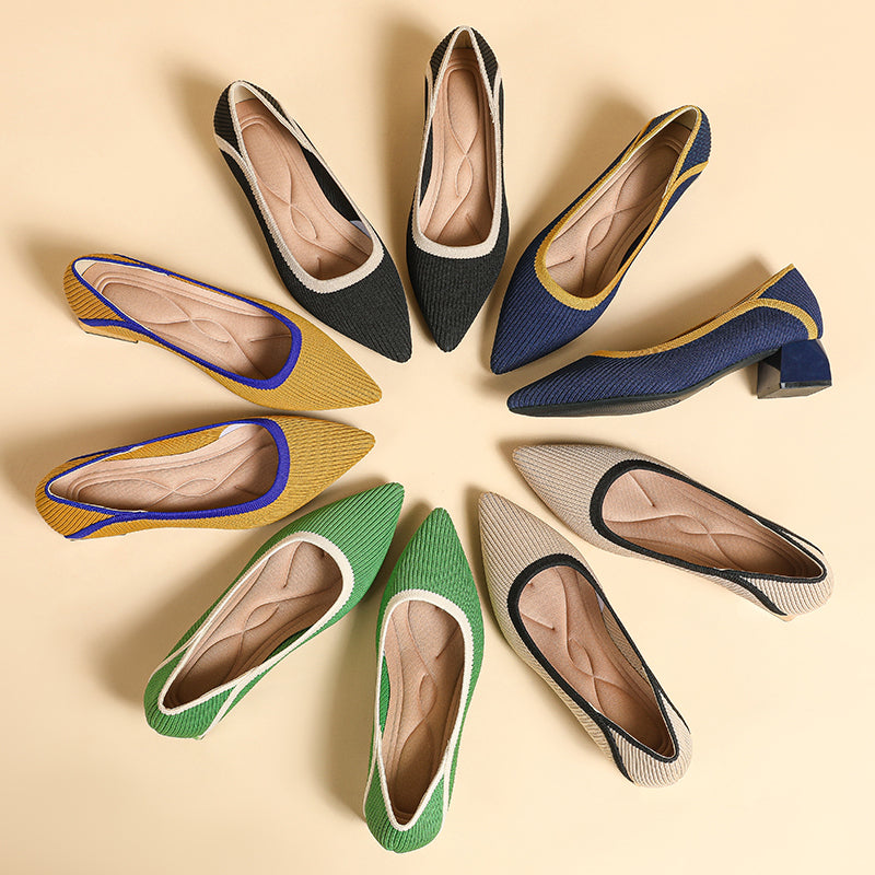 ポインテッドトゥ 浅口 ミドルチャンキーヒール シューズ