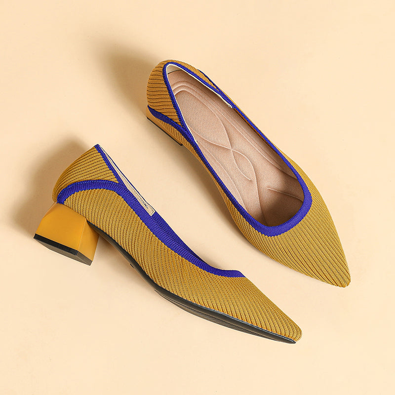 ポインテッドトゥ 浅口 ミドルチャンキーヒール シューズ