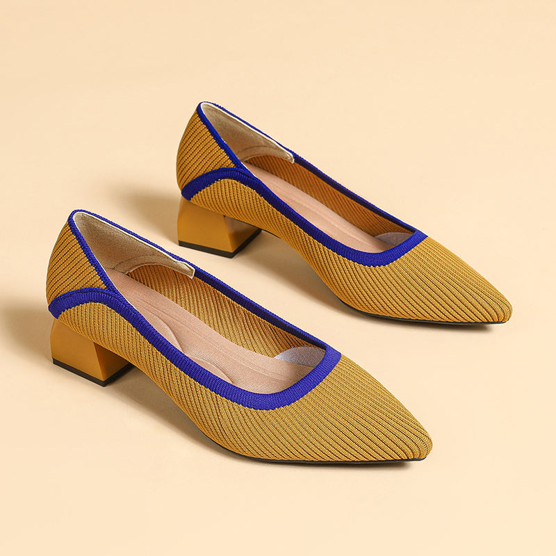 ポインテッドトゥ 浅口 ミドルチャンキーヒール シューズ