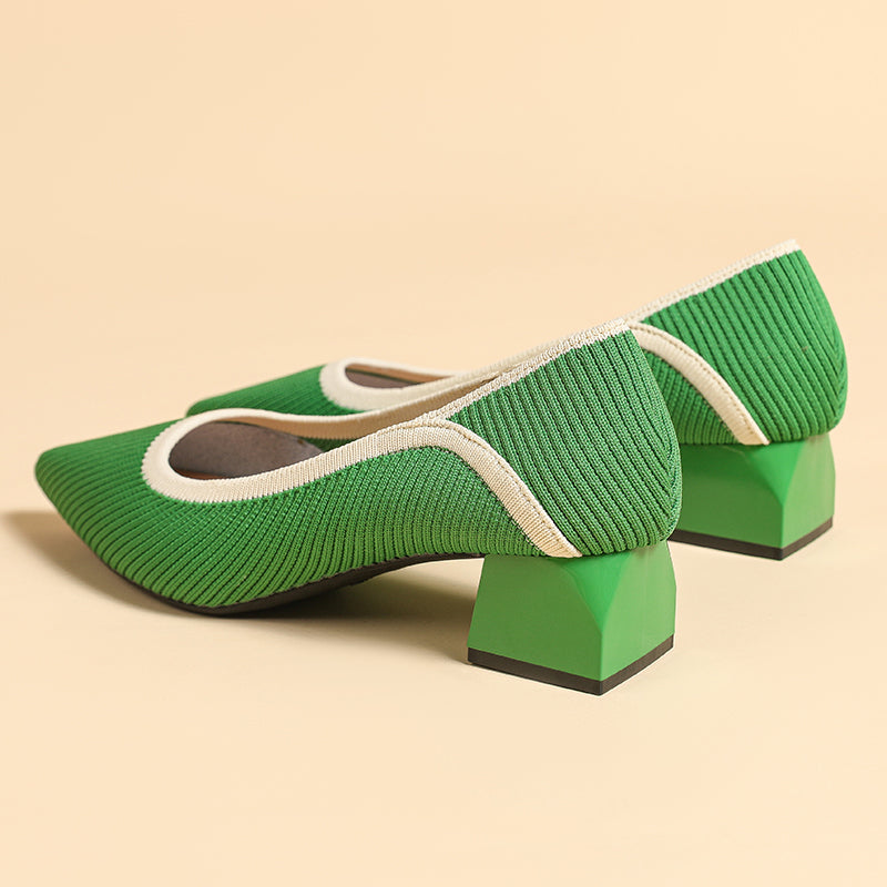 ポインテッドトゥ 浅口 ミドルチャンキーヒール シューズ