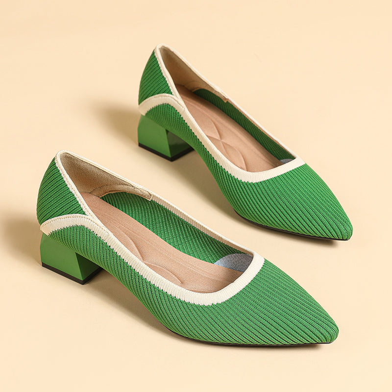 ポインテッドトゥ 浅口 ミドルチャンキーヒール シューズ