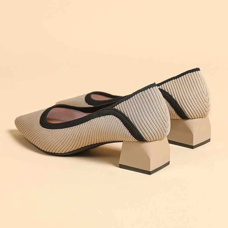 ポインテッドトゥ 浅口 ミドルチャンキーヒール シューズ