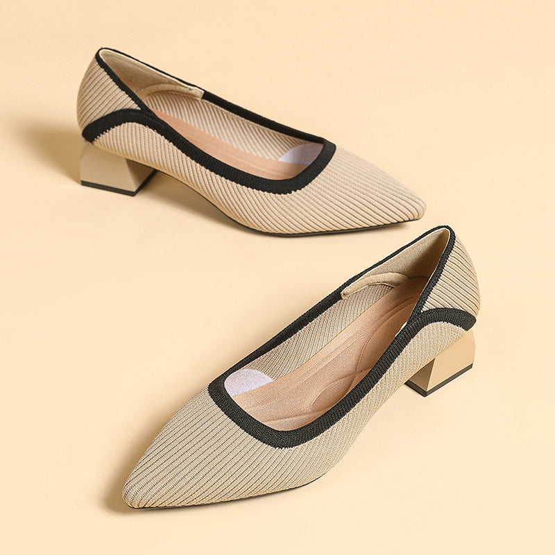 ポインテッドトゥ 浅口 ミドルチャンキーヒール シューズ