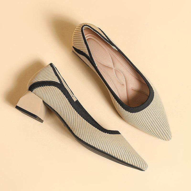 ポインテッドトゥ 浅口 ミドルチャンキーヒール シューズ