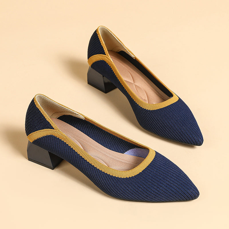 ポインテッドトゥ 浅口 ミドルチャンキーヒール シューズ