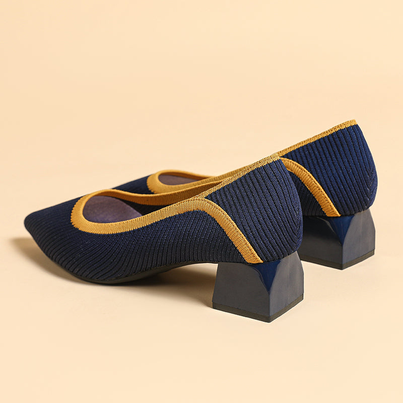 ポインテッドトゥ 浅口 ミドルチャンキーヒール シューズ