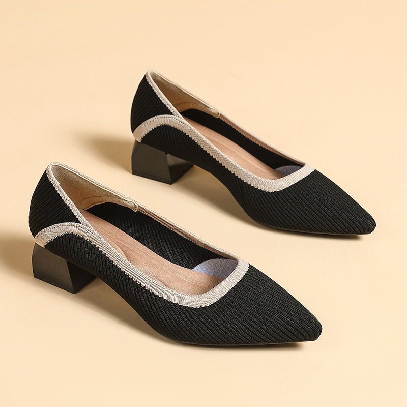 ポインテッドトゥ 浅口 ミドルチャンキーヒール シューズ