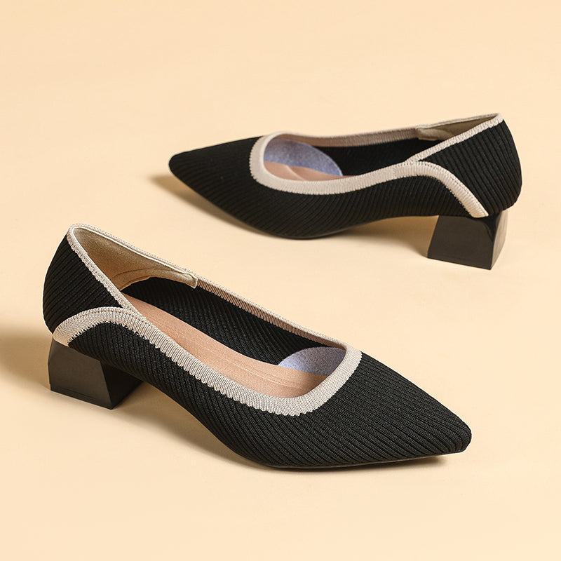 ポインテッドトゥ 浅口 ミドルチャンキーヒール シューズ