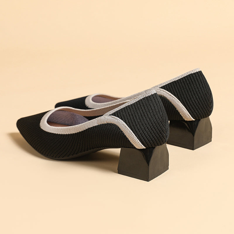 ポインテッドトゥ 浅口 ミドルチャンキーヒール シューズ