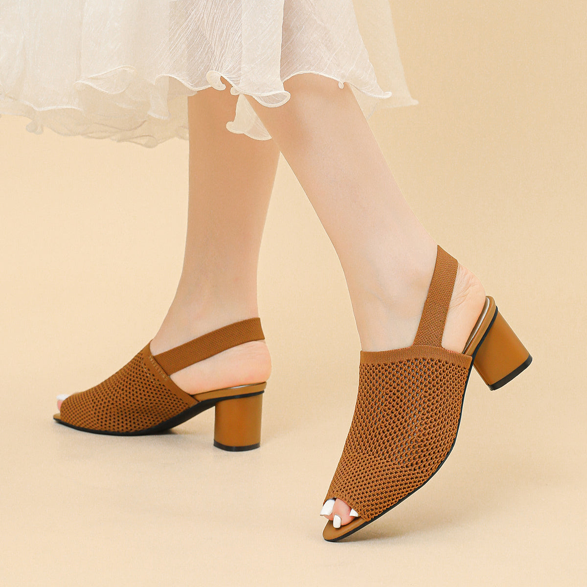 オープントゥ メッシュ チャンキーヒール サンダル