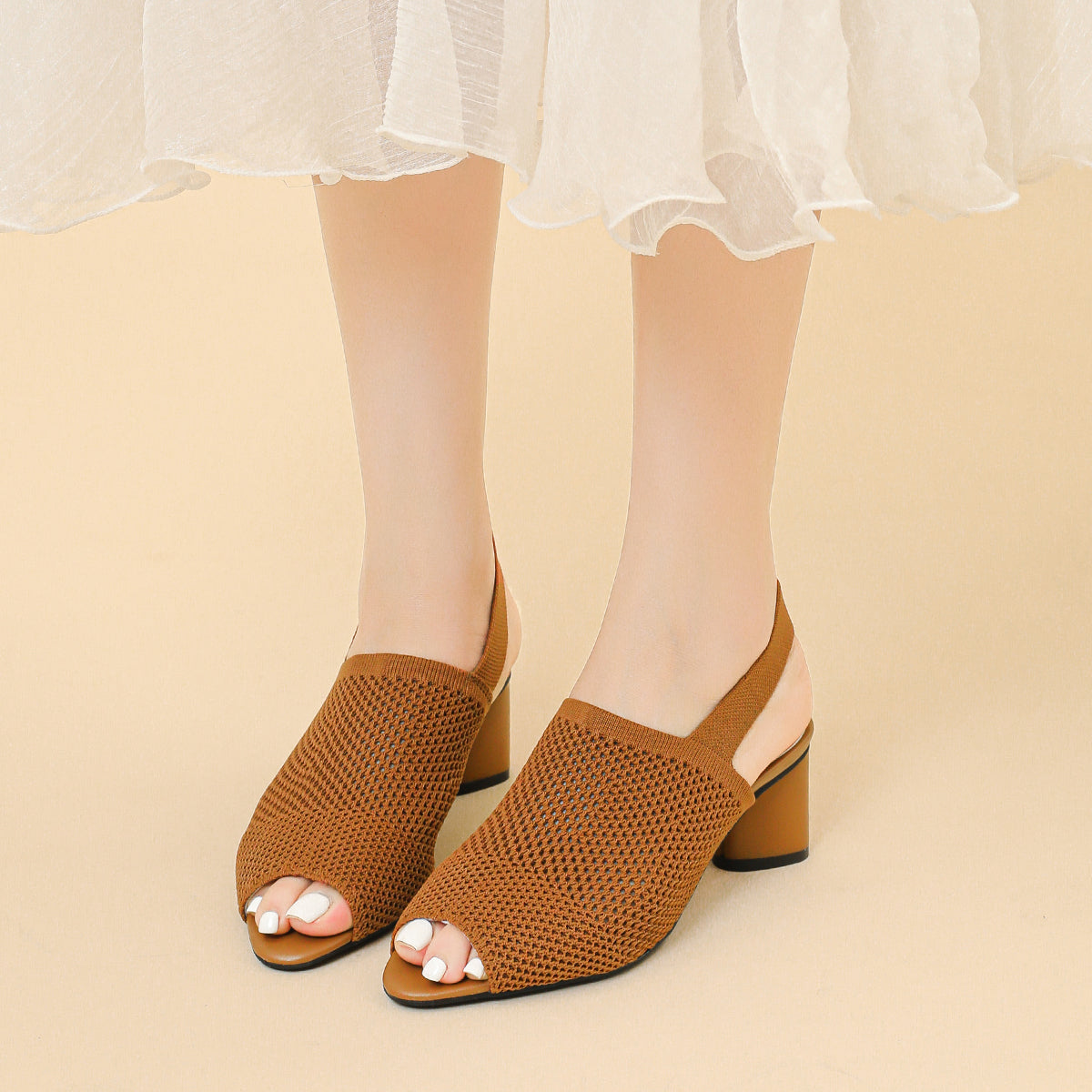 オープントゥ メッシュ チャンキーヒール サンダル