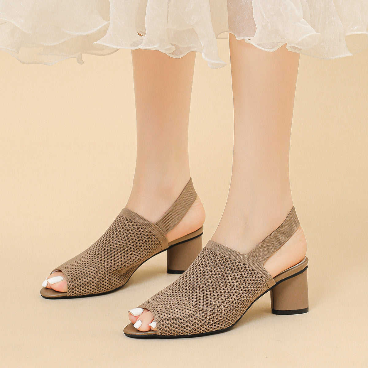 オープントゥ メッシュ チャンキーヒール サンダル