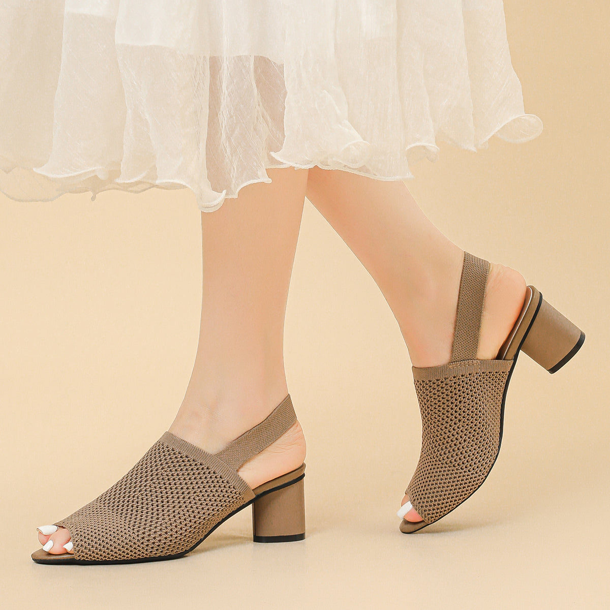 オープントゥ メッシュ チャンキーヒール サンダル