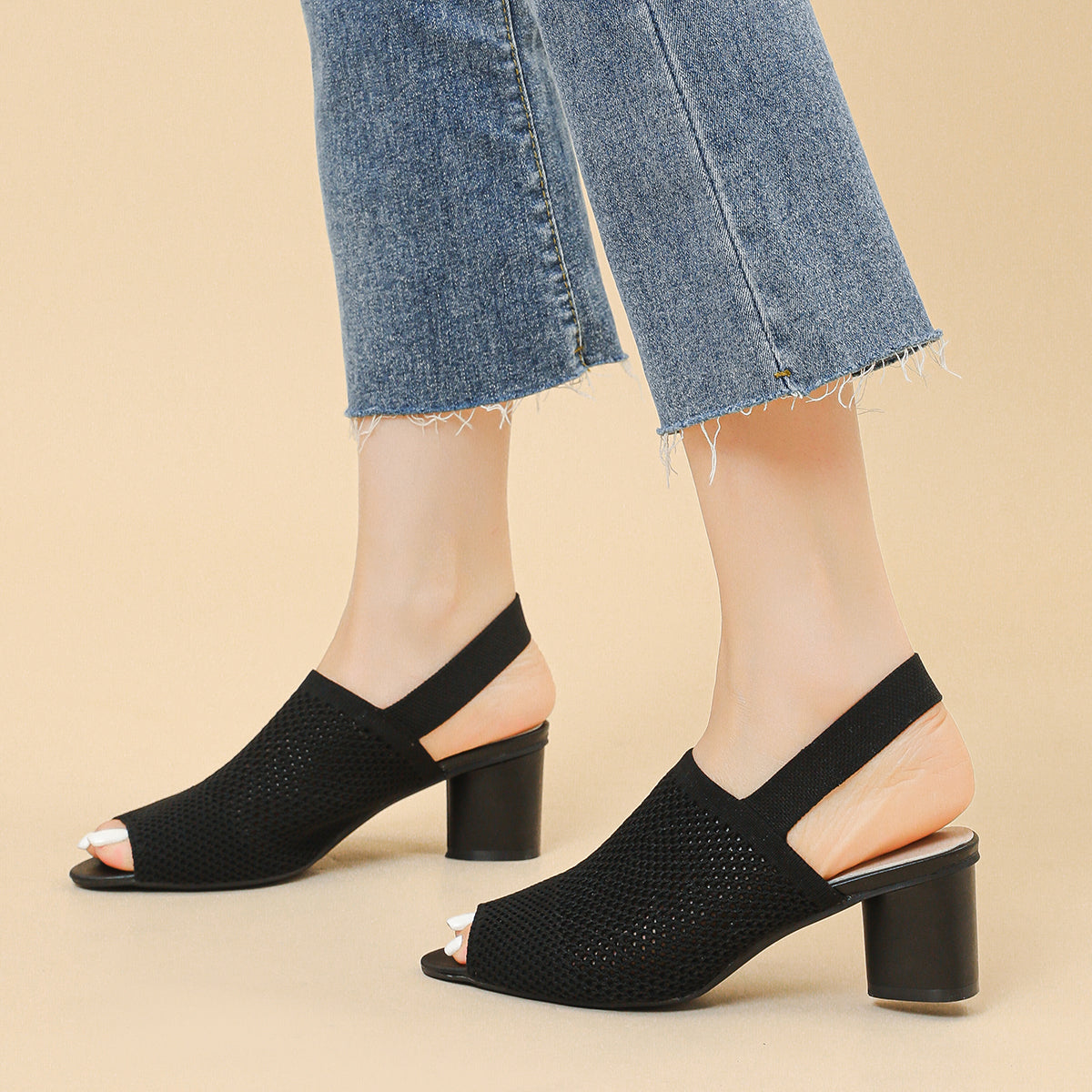 オープントゥ メッシュ チャンキーヒール サンダル