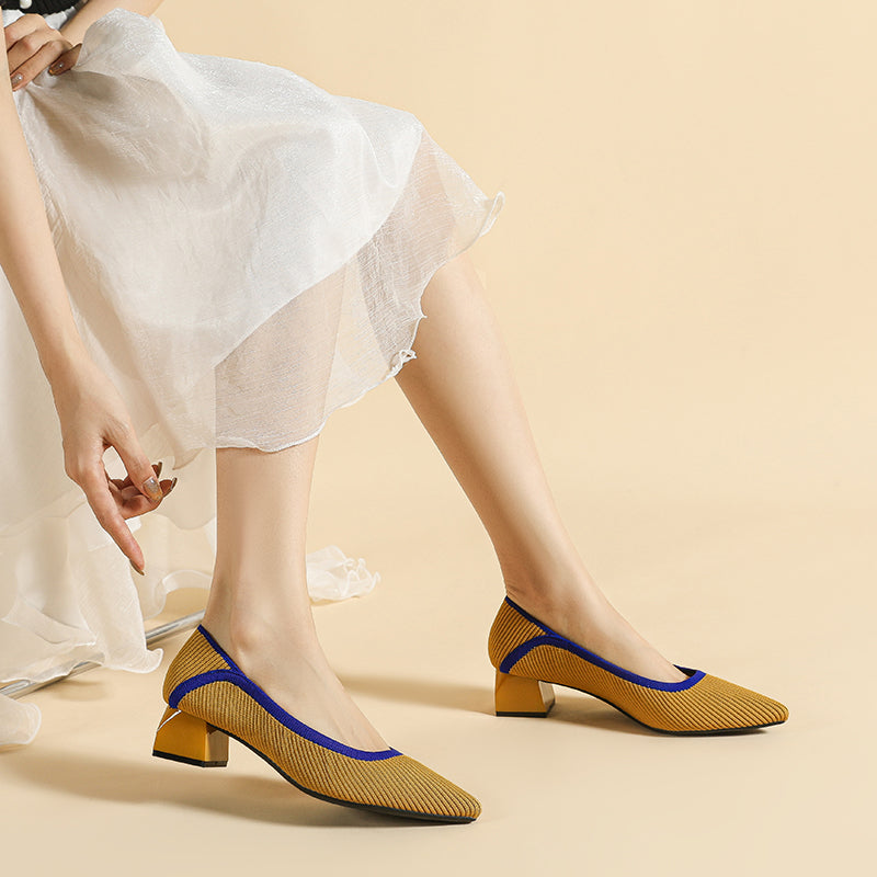 ポインテッドトゥ 浅口 ミドルチャンキーヒール シューズ