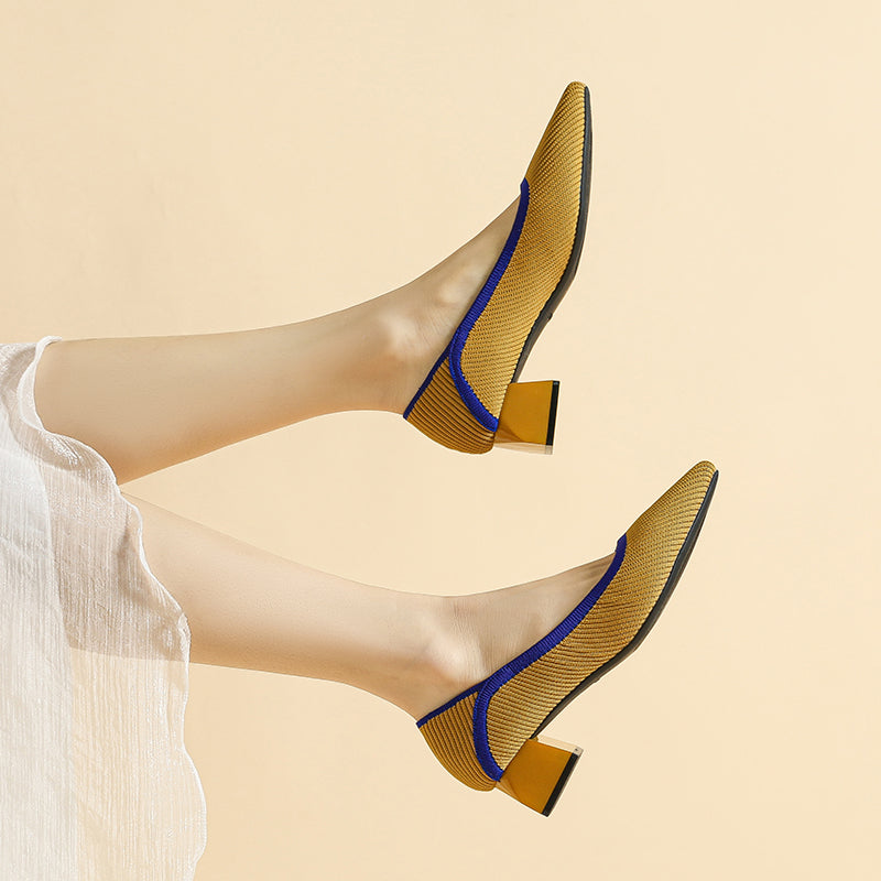 ポインテッドトゥ 浅口 ミドルチャンキーヒール シューズ