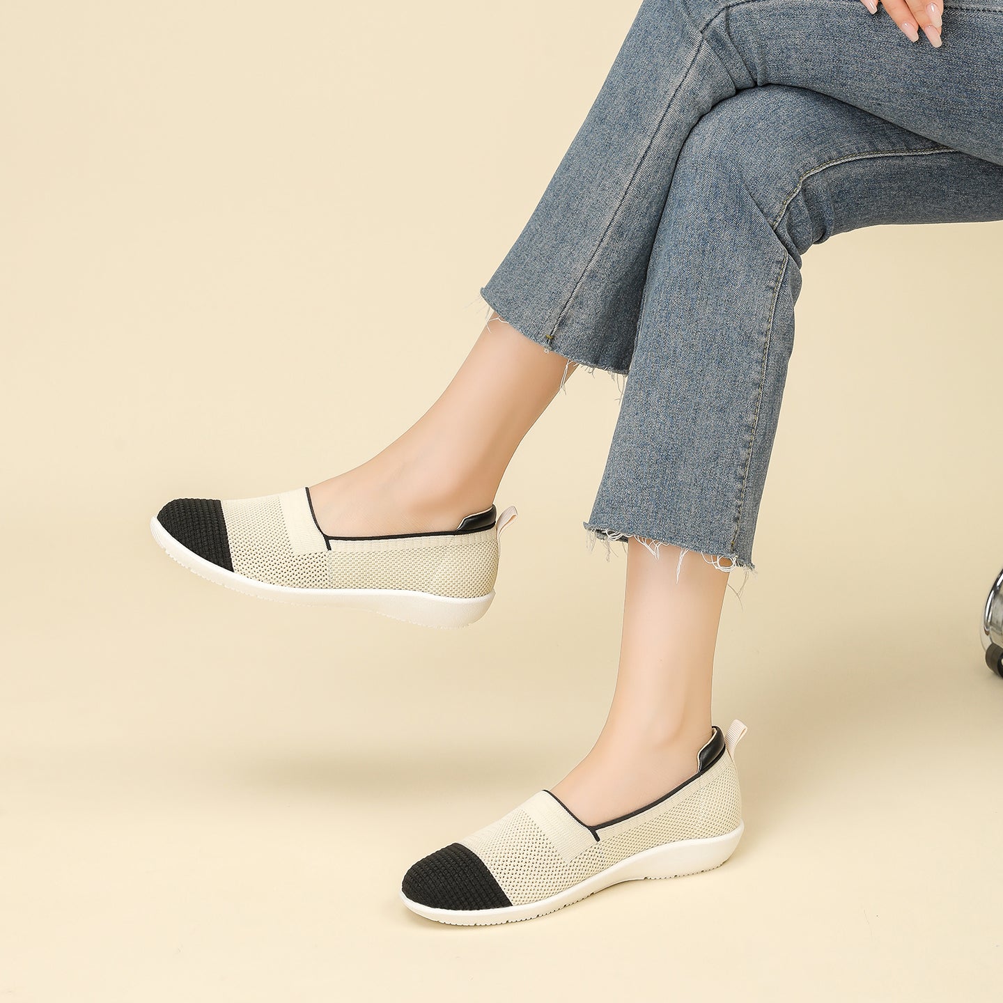 ニット切り替え 厚底 ローファー カジュアルシューズ