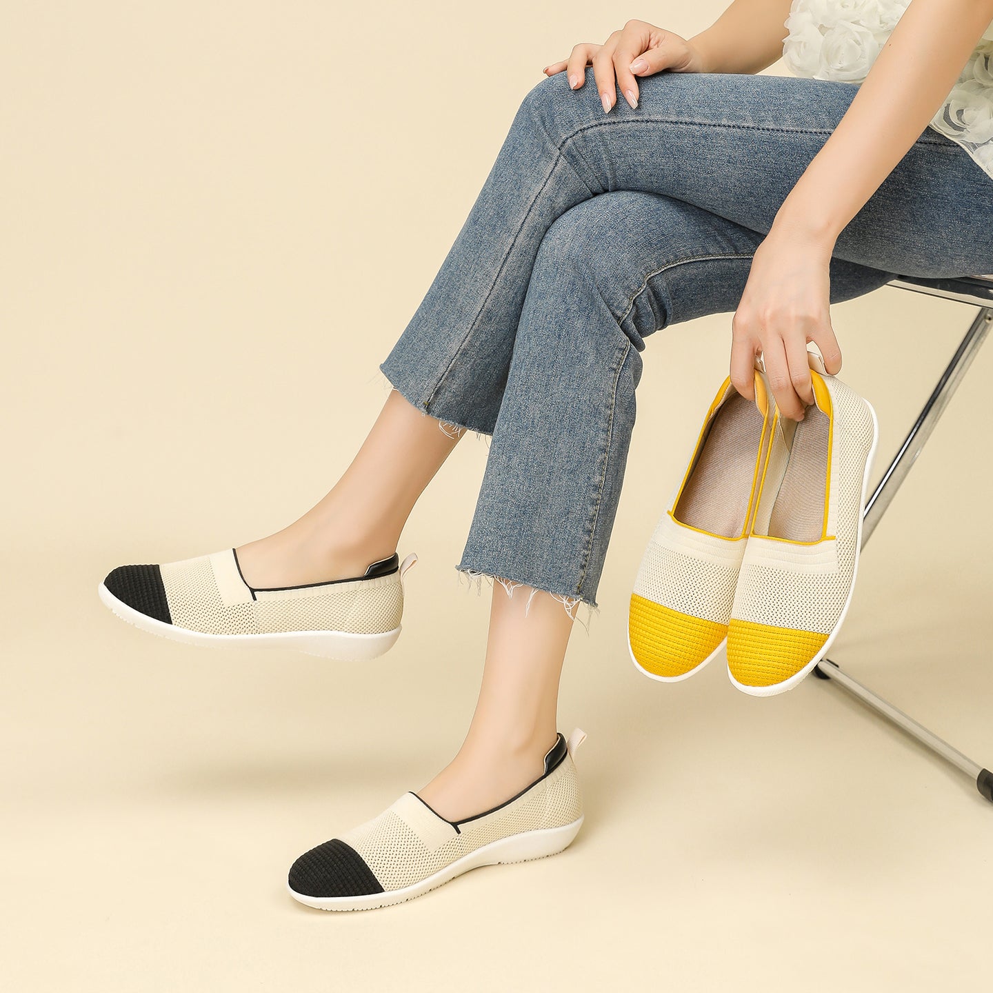 ニット切り替え 厚底 ローファー カジュアルシューズ