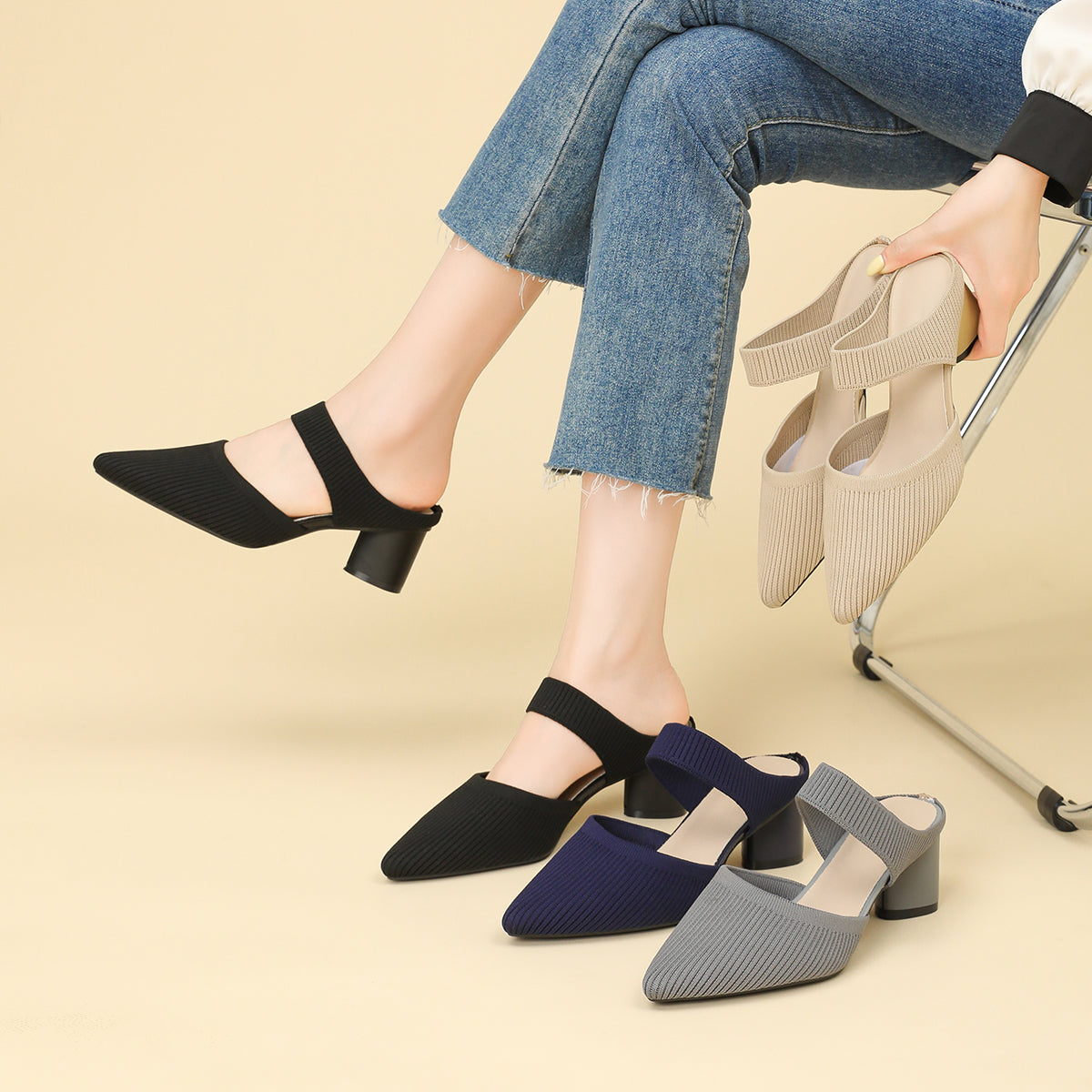 バックレス ワイドストラップ ポインテッドトゥ チャンキーヒール サンダル