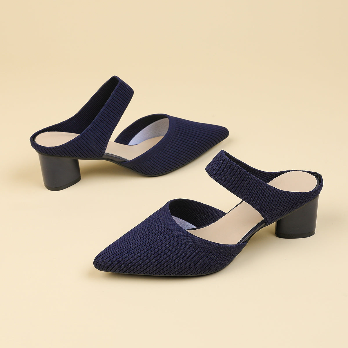 バックレス ワイドストラップ ポインテッドトゥ チャンキーヒール サンダル