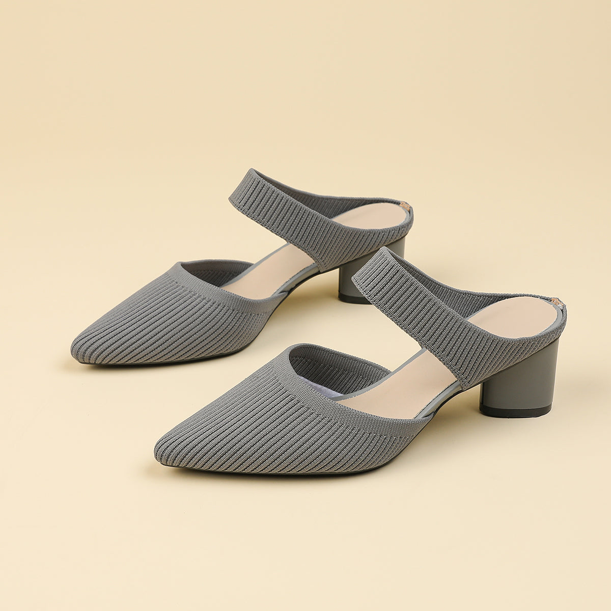 バックレス ワイドストラップ ポインテッドトゥ チャンキーヒール サンダル