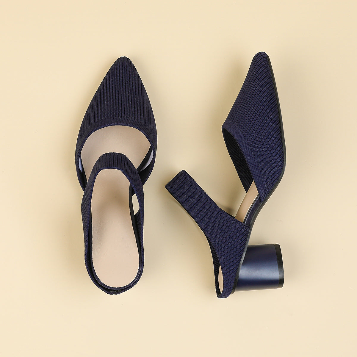 バックレス ワイドストラップ ポインテッドトゥ チャンキーヒール サンダル