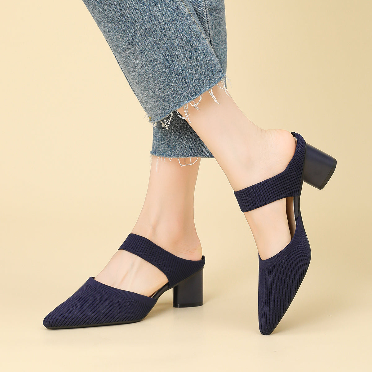 バックレス ワイドストラップ ポインテッドトゥ チャンキーヒール サンダル