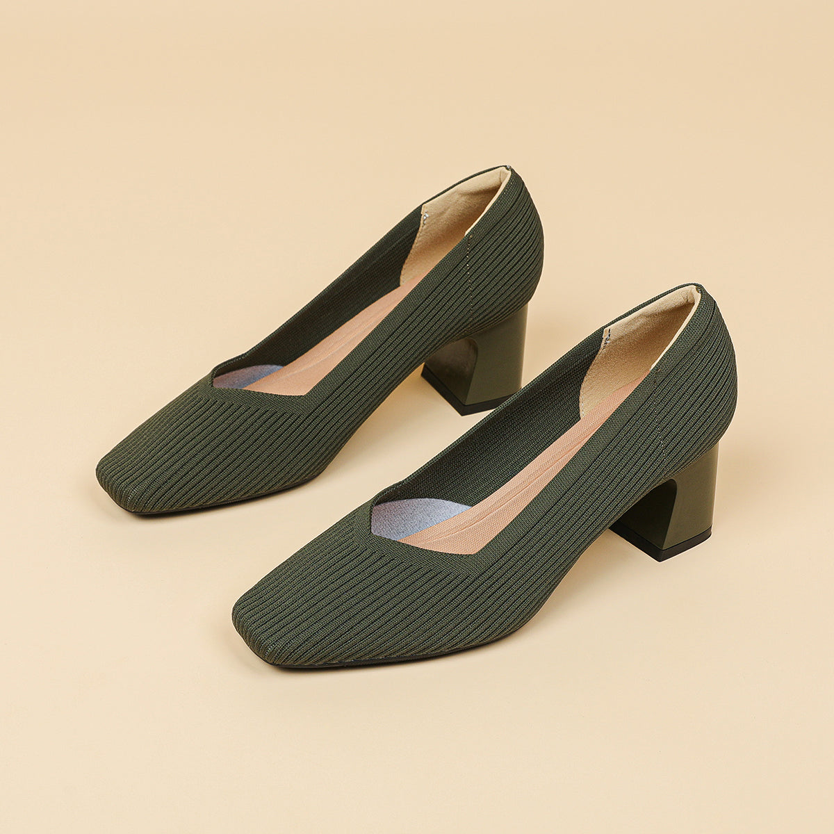 スクエアトゥVカット粗ヒールパンプス（6cmハイヒール）