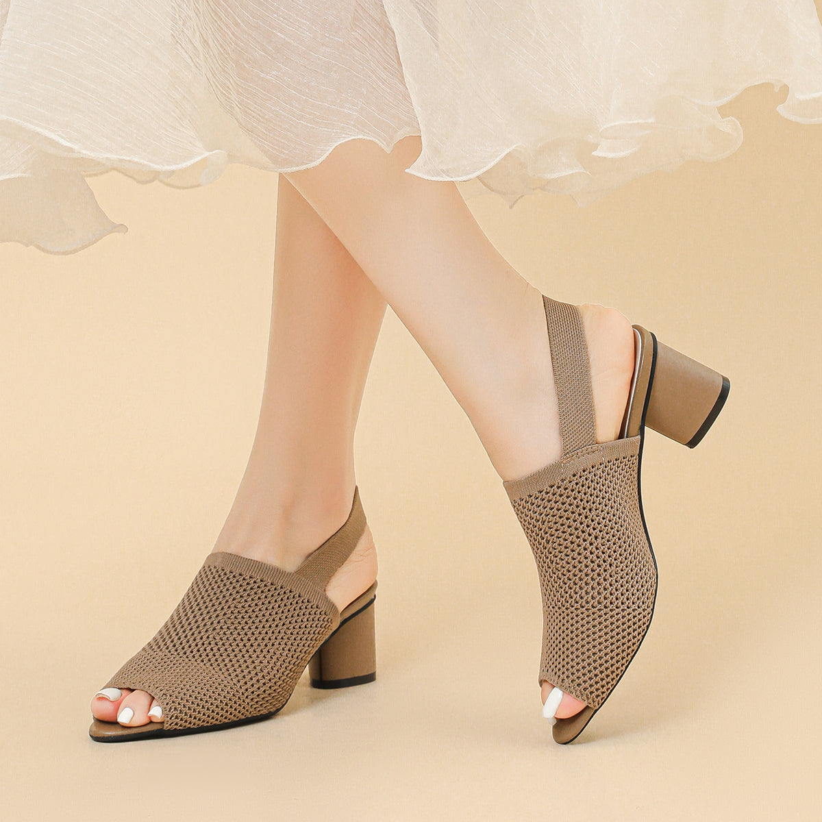 オープントゥ メッシュ チャンキーヒール サンダル