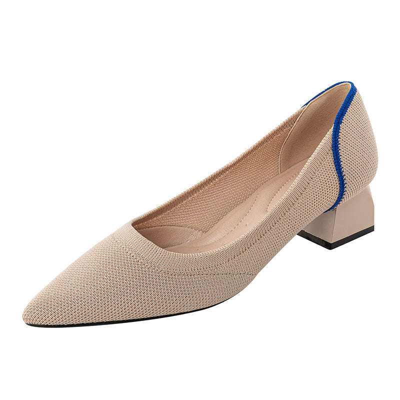 尖ったトゥの浅口粗ヒールカジュアルパンプス（中ヒール4cm）