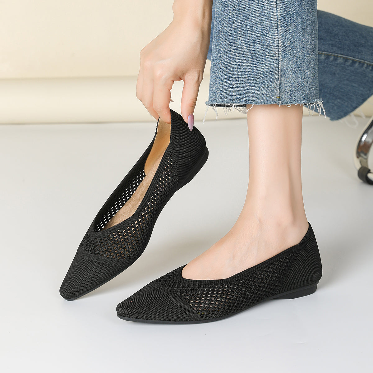 レディース ニット平底シューズ 通気性 軽量 快適