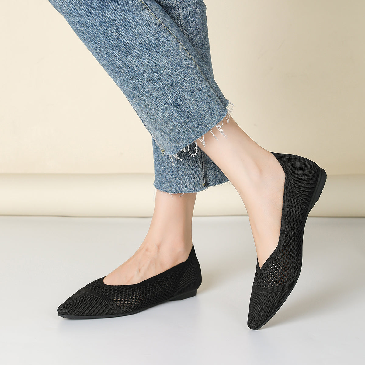 レディース ニット平底シューズ 通気性 軽量 快適