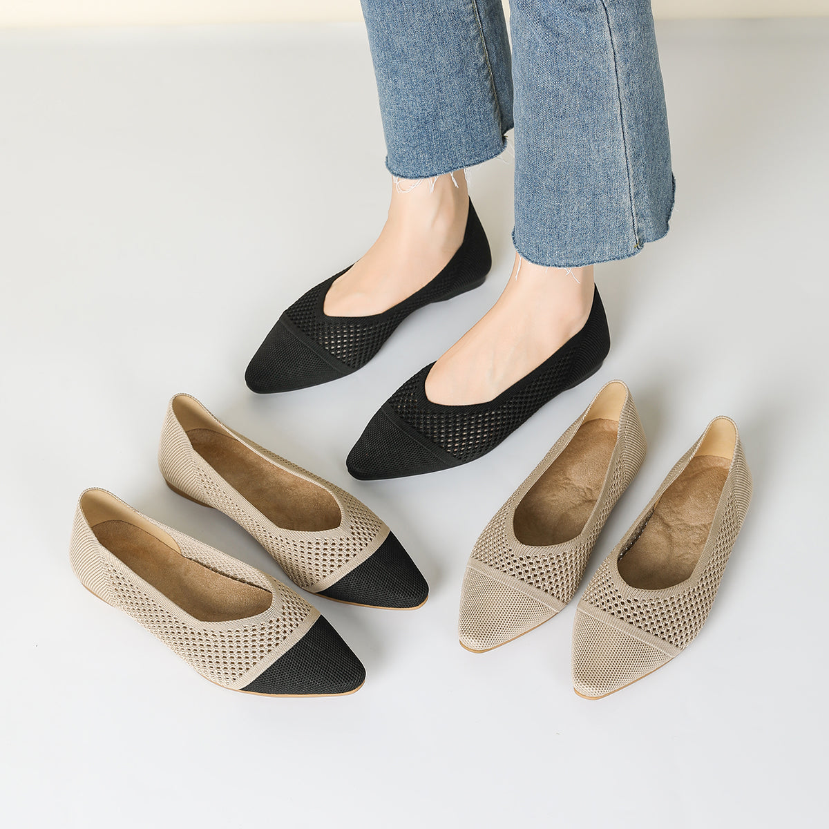 レディース ニット平底シューズ 通気性 軽量 快適