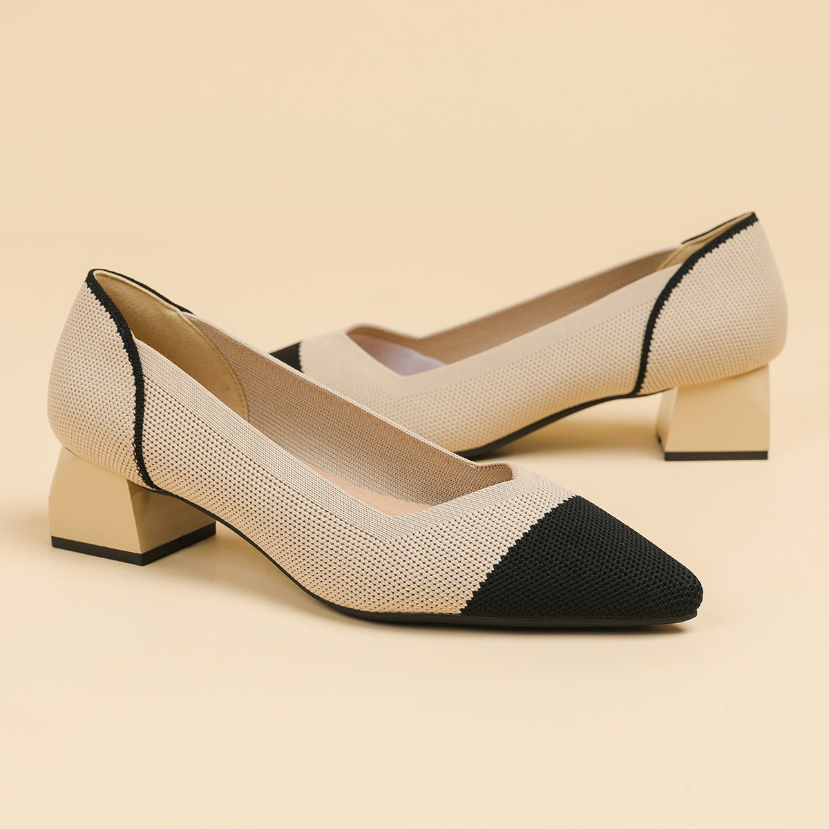 尖頭浅口 メッシュデザイン 4cmチャンキーヒール サンダル