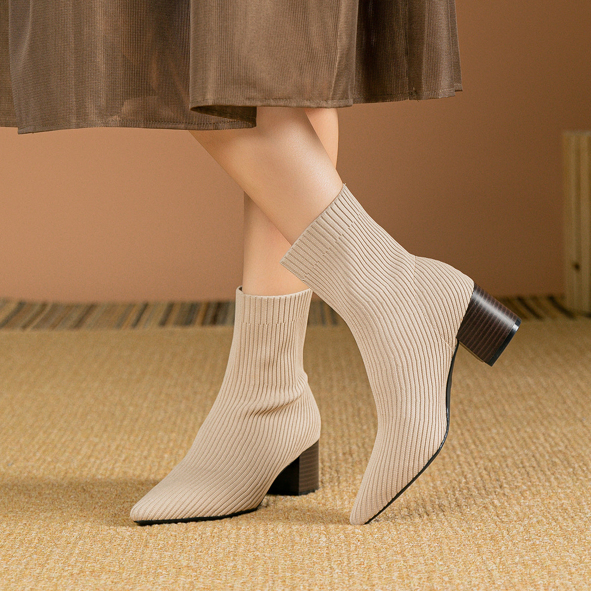 尖頭ニットソックスショートブーツ 5.5cmチャンキーヒール