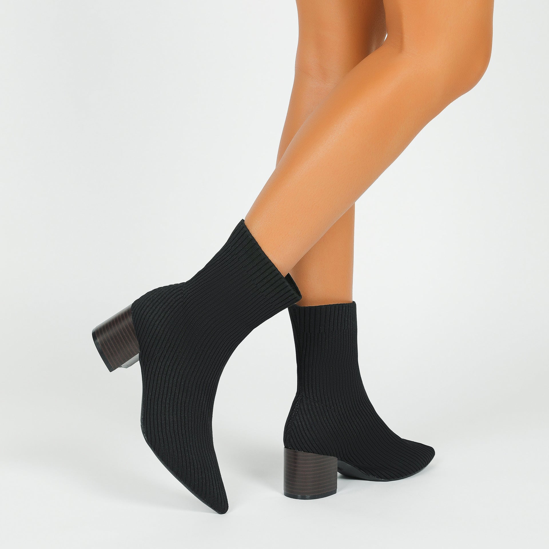 尖頭ニットソックスショートブーツ 5.5cmチャンキーヒール