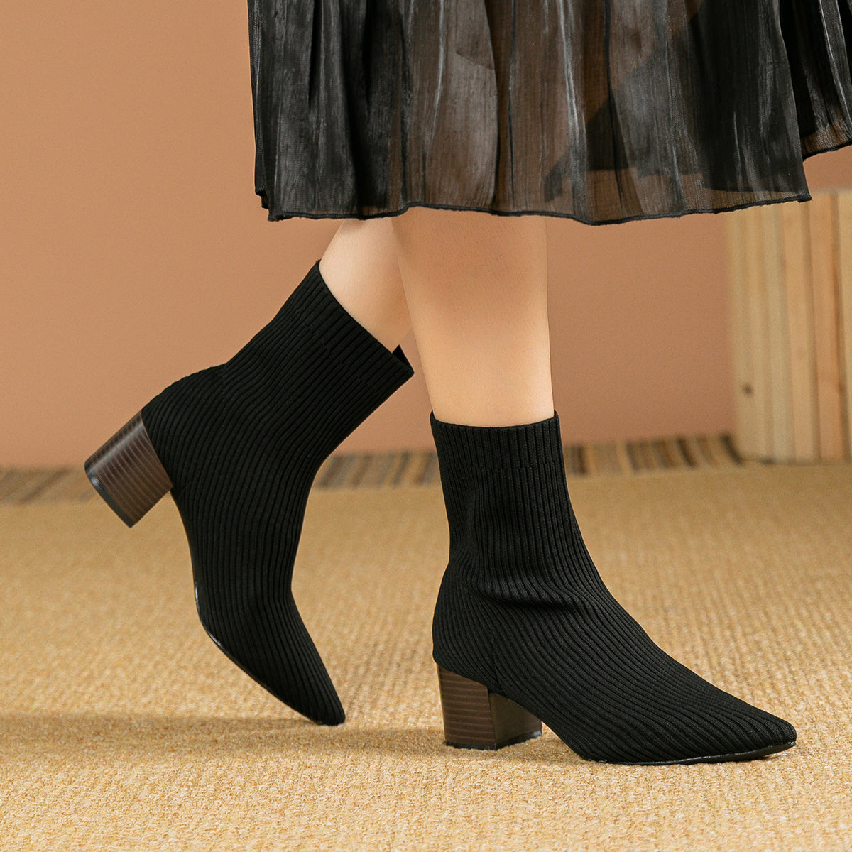 尖頭ニットソックスショートブーツ 5.5cmチャンキーヒール