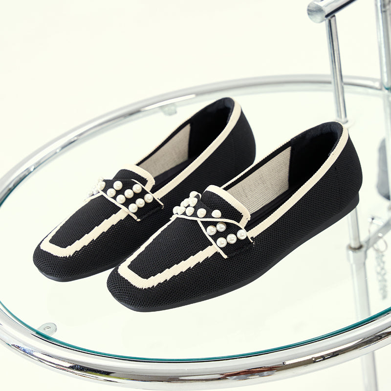 ポインテッドトゥ パール装飾 フラットローファー 防水・通気