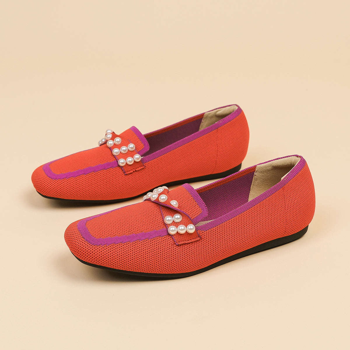 ポインテッドトゥ パール装飾 フラットローファー 防水・通気