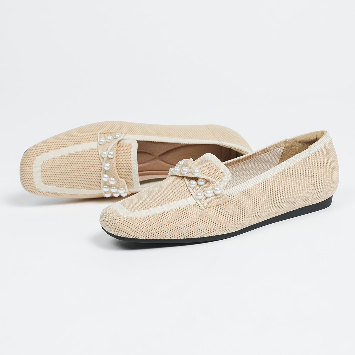 ポインテッドトゥ パール装飾 フラットローファー 防水・通気