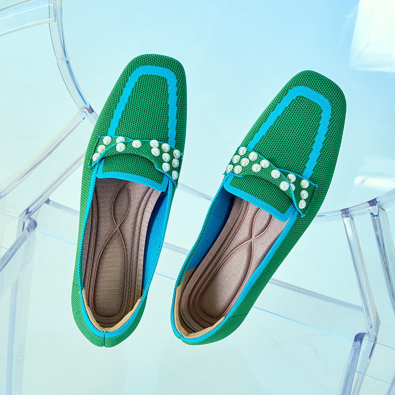 ポインテッドトゥ パール装飾 フラットローファー 防水・通気