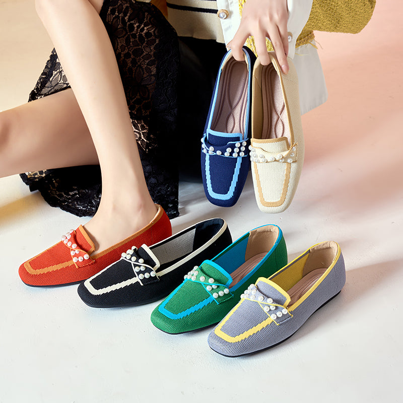 ポインテッドトゥ パール装飾 フラットローファー 防水・通気