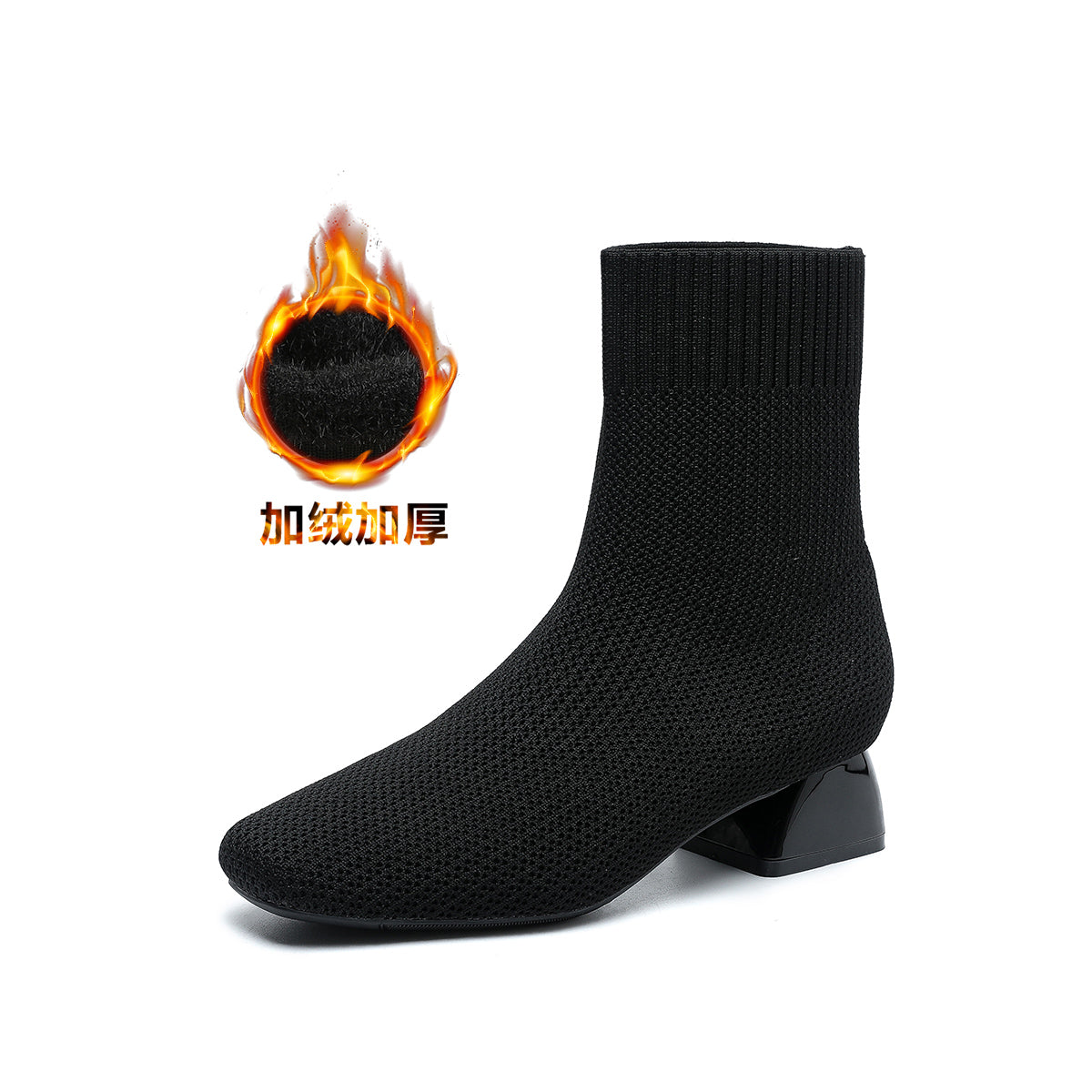 スクエアトゥ通気性ファブリック3cmヒールショートブーツ