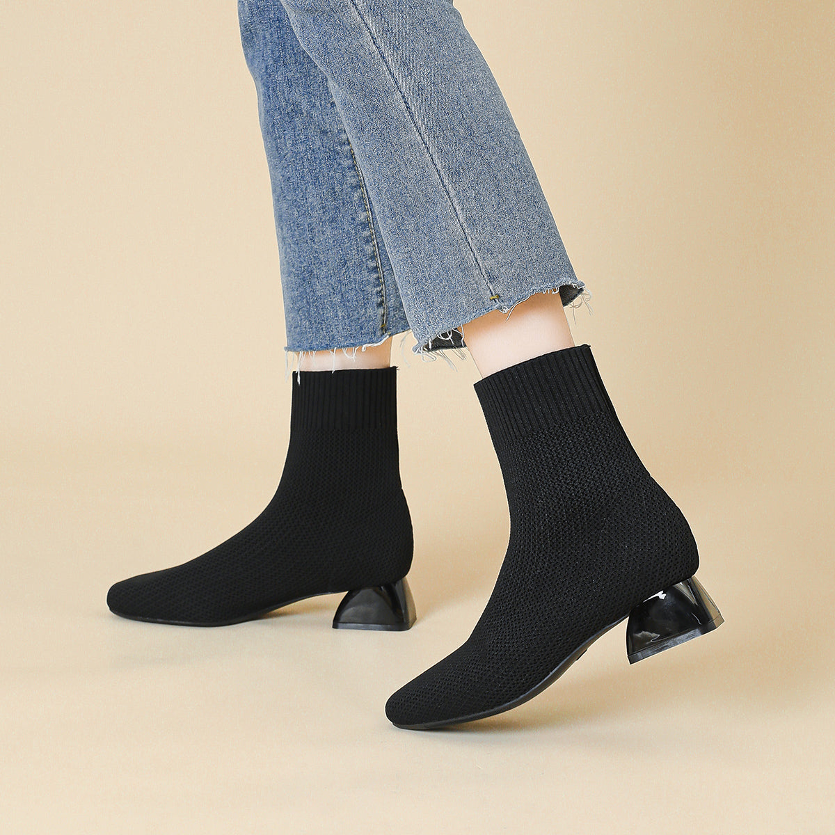 スクエアトゥ通気性ファブリック3cmヒールショートブーツ